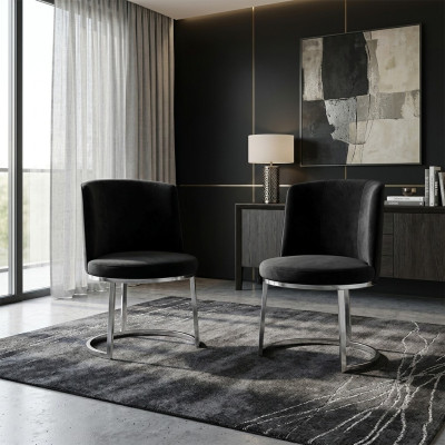 Black designer chairs (set of 2) with stainless steel legs, modern dining chairs.