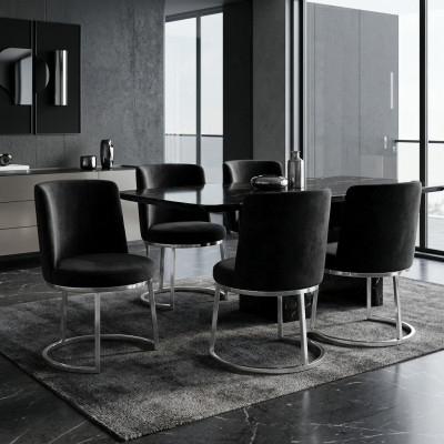 Black designer chairs with stainless steel legs, modern dining room chairs (set of 4).