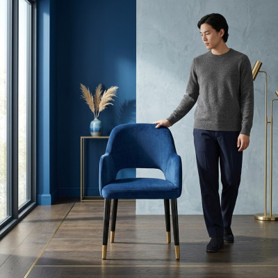 Blue cushioned dining chair modern kitchen furniture designer wooden frame