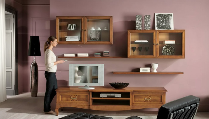 Designer living room 4x wall cabinets brown lowboard 7-piece. New wall unit.