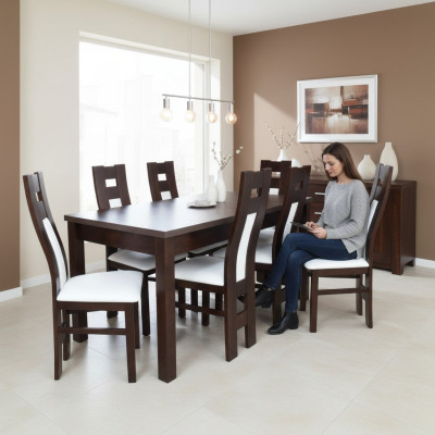 Classic dining table wood dining room set 6x chairs set brown