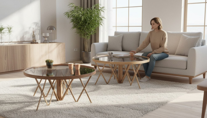 Designer living room set 2x round coffee tables luxury furniture