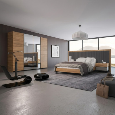 Bedroom set 3-piece double bed modern 2x bedside tables wood design complete