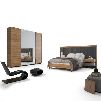 Bedroom set 3-piece double bed modern 2x bedside tables wood design complete