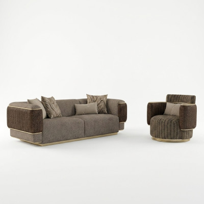 Upholstered Textile Sofa Set 2 pcs Living Room Three-Seater Sofa Couch Modern Armchair