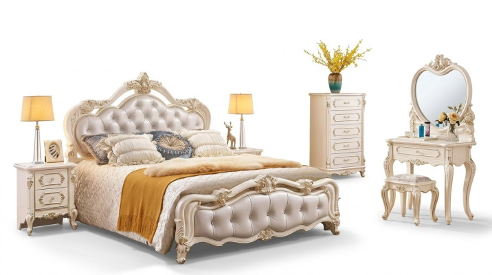 Bedroom set: bed, 2x nightstands, dressing table, stool, dresser, 6-piece luxury.