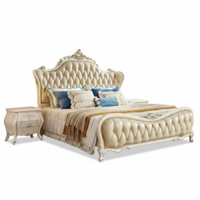 Classic bedroom set, Chesterfield bed, 2x bedside tables, solid wood, 3-piece set