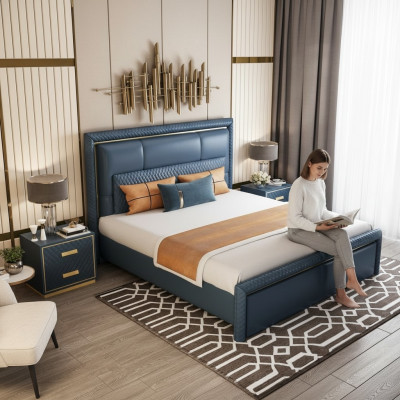 Bedroom set bed 2x nightstands 3-piece design modern luxury blue gold