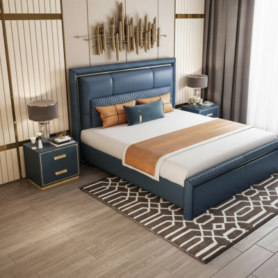 Bedroom set bed 2x nightstands 3-piece design modern luxury blue gold