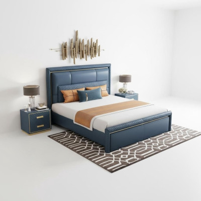 Bedroom set bed 2x nightstands 3-piece design modern luxury blue gold