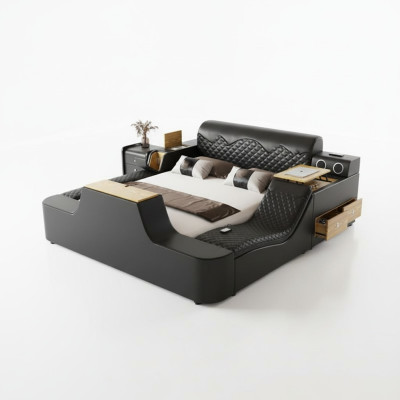 Double luxury leather bed massage cushioned beds modern hotel Bluetooth