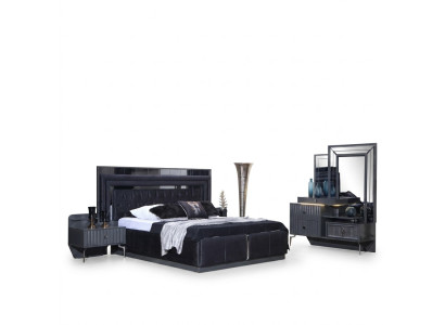 Complete black bedroom set luxury double bed nightstands 4-piece set