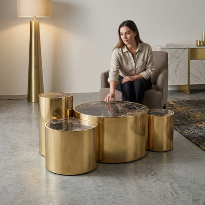 Golden coffee table, living room side table, modern design, glass top