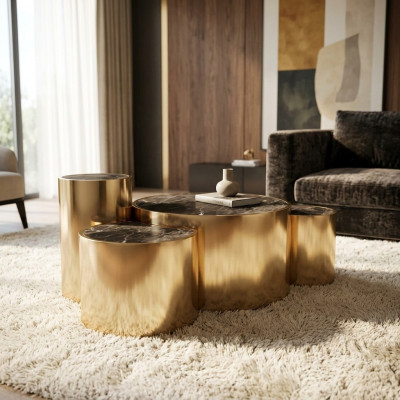 Golden coffee table, living room side table, modern design, glass top