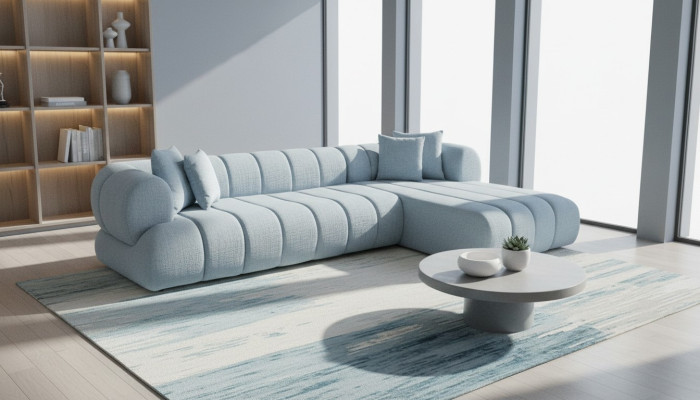 Gray fabric corner sofa L-shape couch designer upholstery furniture wooden frame