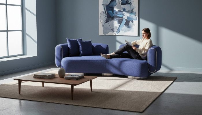 Blue three-seater luxury couch modern seating furniture living room