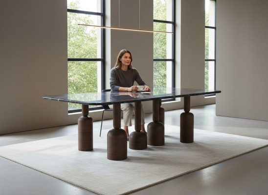 Designer gray marble dining table, metal legs, luxury dining room furniture, new