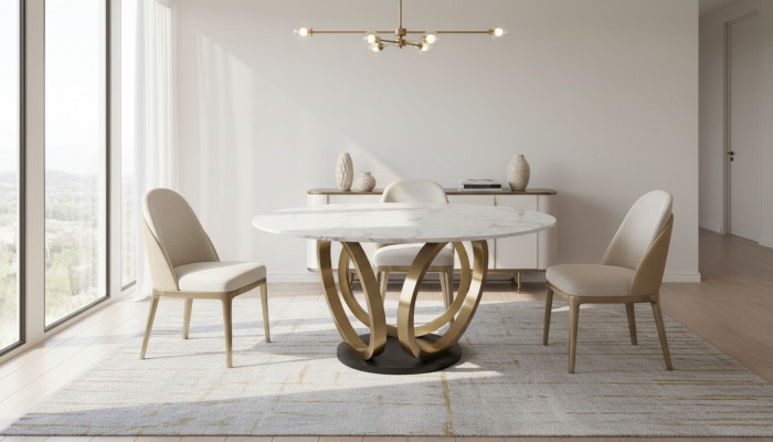 Stylish White Round Dining Table with Stainless Steel Base Marble Top Design