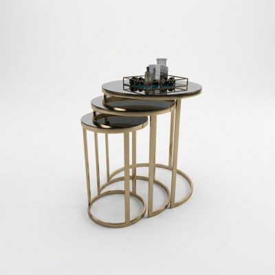Table Black Side Table Set of 3 Coffee Tables Round Shape Living Room Tables