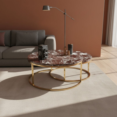 Luxury Marble Coffee Table + Side Table Set Round Living Room Tables 2-piece Set