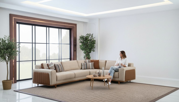 L-shaped sectional sofa living room modern luxury furniture couch corner suite beige
