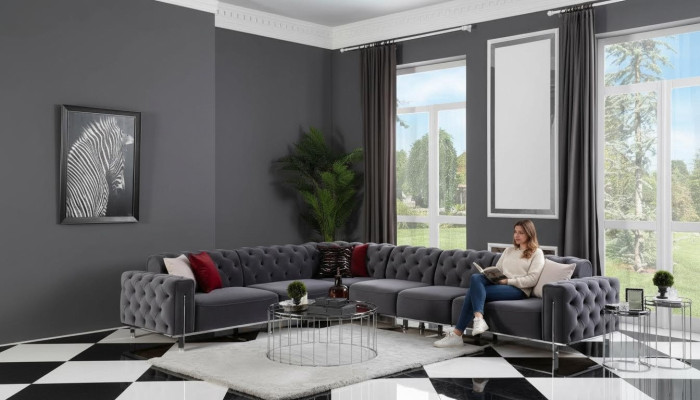 Modern corner sofa L-shape living room gray color wood textile couches