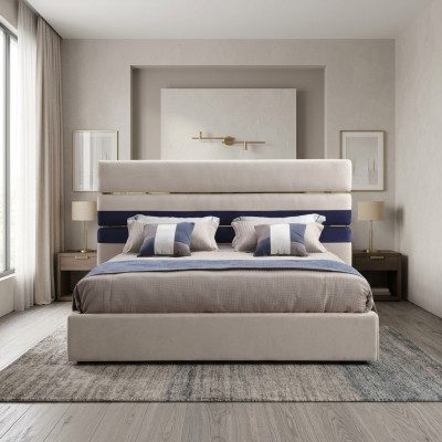 Modern designer double bed with wooden frame Stylish bed new in beige