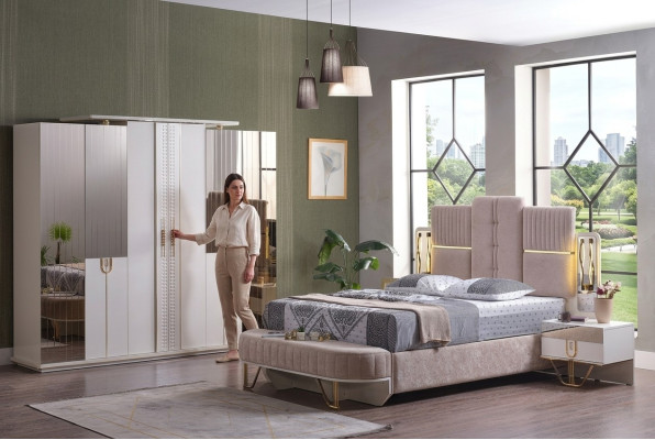 Luxury bedroom set 5-piece: bed, 2 bedside tables, wardrobe, bench modern