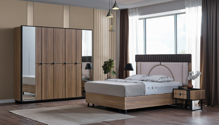 Luxury bedroom set 4-piece. Bed, 2 bedside tables, wardrobe, cabinet wood