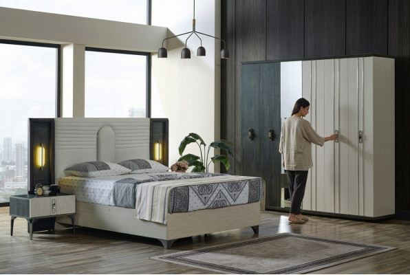 Luxury bedroom set, 4 pieces: bed, 2 nightstands, wardrobe, beige.