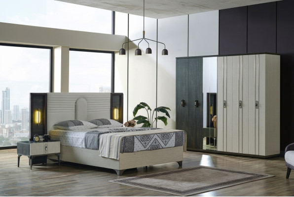 Luxury bedroom set, 4 pieces: bed, 2 nightstands, wardrobe, beige.