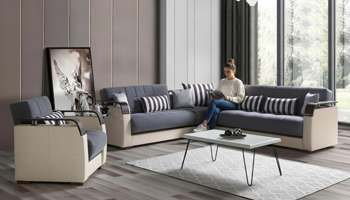 L-shaped sectional sofa + gray armchair complete living room set 2-piece luxury furniture