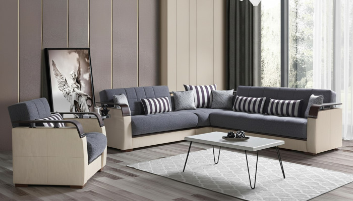 L-shaped sectional sofa + gray armchair complete living room set 2-piece luxury furniture