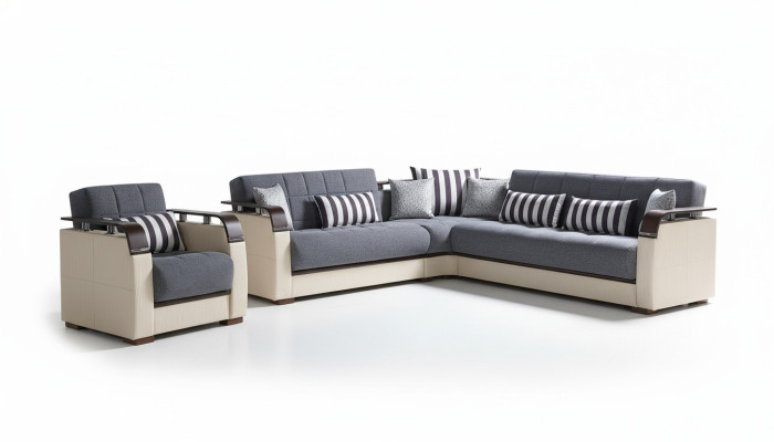 L-shaped sectional sofa + gray armchair complete living room set 2-piece luxury furniture