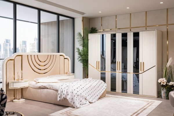 Modern bedroom set: bed, 2 bedside tables, wardrobe, design furniture, 4-piece