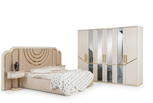 Modern bedroom set: bed, 2 bedside tables, wardrobe, design furniture, 4-piece