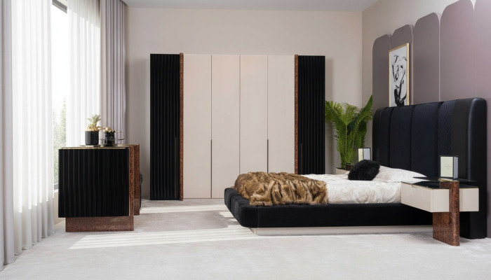 Luxury bedroom set bed 2x nightstands + wardrobe wood complete