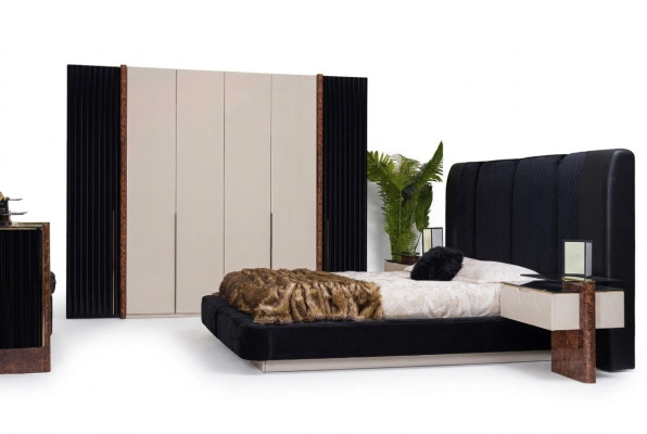 Luxury bedroom set bed 2x nightstands + wardrobe wood complete
