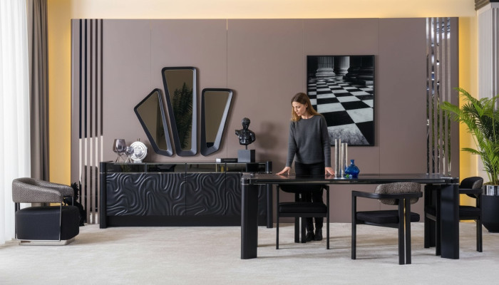 Black Dining Room Set Dining Table 6x Chairs Sideboard 3x Mirror Dining Group Luxury