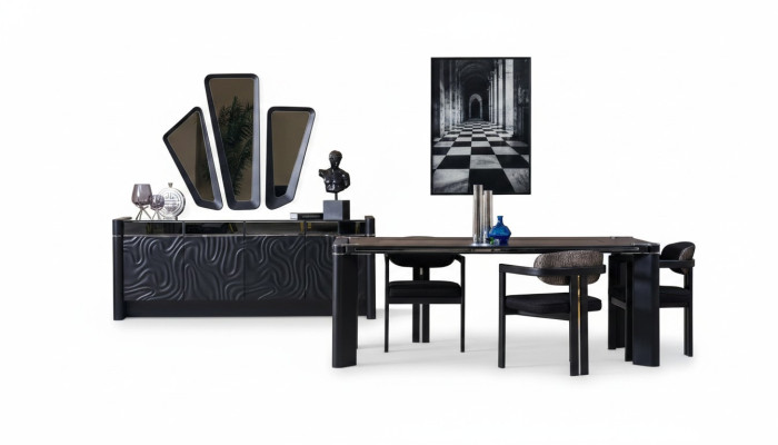 Black Dining Room Set Dining Table 6x Chairs Sideboard 3x Mirror Dining Group Luxury