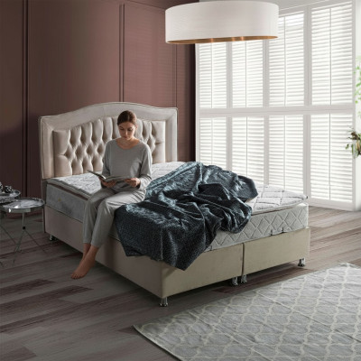 Bed design, luxury beds, beige upholstery, bedroom furniture, silver Chesterfield