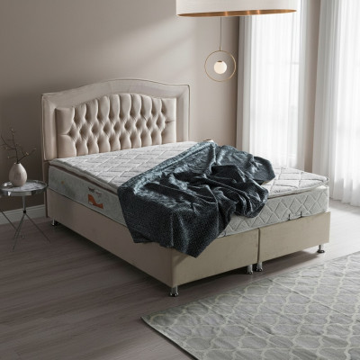 Bed design, luxury beds, beige upholstery, bedroom furniture, silver Chesterfield