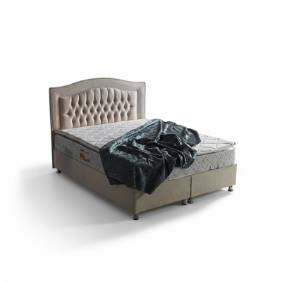 Bed design, luxury beds, beige upholstery, bedroom furniture, silver Chesterfield