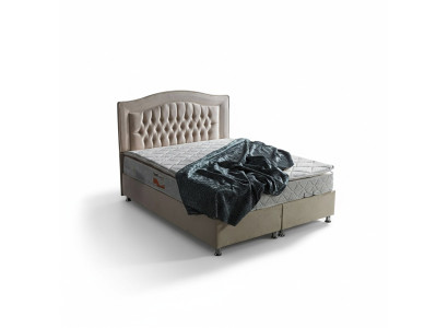 Bed design, luxury beds, beige upholstery, bedroom furniture, silver Chesterfield