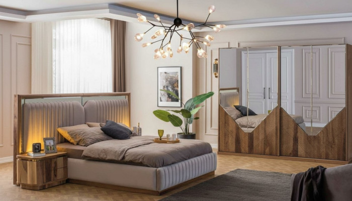 Luxury bedroom set bed + 2x nightstands + wardrobe modern complete