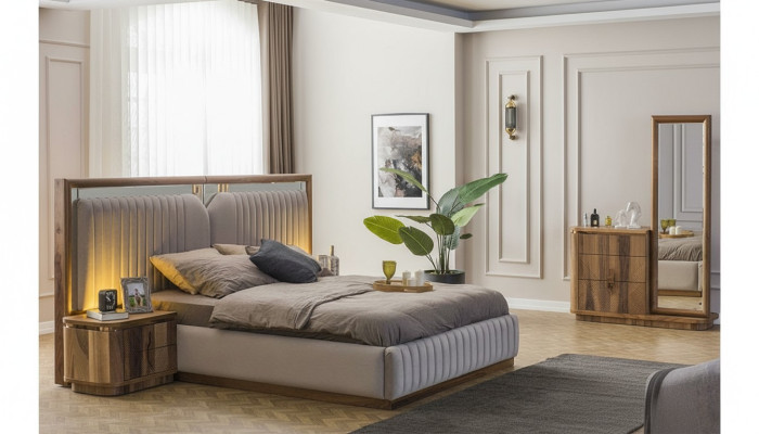 Modern bedroom set bed + 2x nightstands + dresser with modern mirror