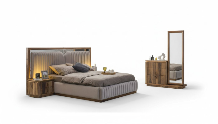 Modern bedroom set bed + 2x nightstands + dresser with modern mirror