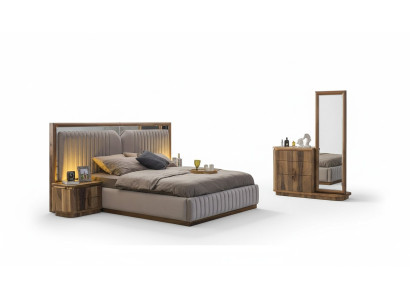 Modern bedroom set bed + 2x nightstands + dresser with modern mirror