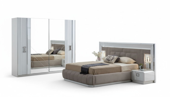Bedroom complete set bed 2x nightstand wardrobe new design 4-piece set.