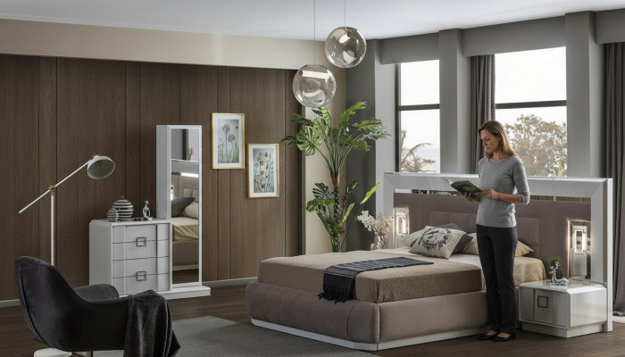Modern bedroom set: bed + 2x nightstands + dresser with mirror luxury new